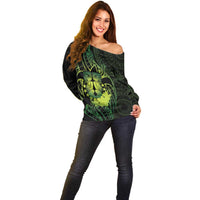 Kia Orana Kuki Airani Off Shoulder Sweater Cook Islands Tangaroa God Tatau Green LT14 - Polynesian Pride