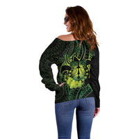 Kia Orana Kuki Airani Off Shoulder Sweater Cook Islands Tangaroa God Tatau Green LT14 - Polynesian Pride