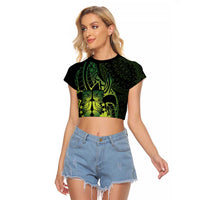 Kia Orana Kuki Airani Raglan Cropped T Shirt Cook Islands Tangaroa God Tatau Green LT14 Female Green - Polynesian Pride