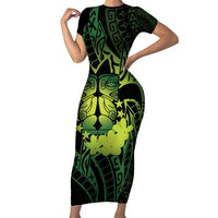 Kia Orana Kuki Airani Short Sleeve Bodycon Dress Cook Islands Tangaroa God Tatau Green LT14 Long Dress Green - Polynesian Pride