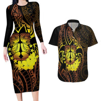 Kia Orana Kuki Airani Couples Matching Long Sleeve Bodycon Dress and Hawaiian Shirt Cook Islands Tangaroa God Tatau Gold LT14 Gold - Polynesian Pride