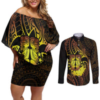 Kia Orana Kuki Airani Couples Matching Off Shoulder Short Dress and Long Sleeve Button Shirt Cook Islands Tangaroa God Tatau Gold LT14 Gold - Polynesian Pride