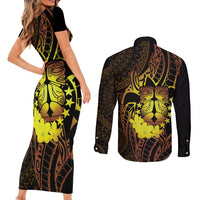 Kia Orana Kuki Airani Couples Matching Short Sleeve Bodycon Dress and Long Sleeve Button Shirt Cook Islands Tangaroa God Tatau Gold LT14 - Polynesian Pride