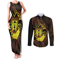 Kia Orana Kuki Airani Couples Matching Tank Maxi Dress and Long Sleeve Button Shirt Cook Islands Tangaroa God Tatau Gold LT14 Gold - Polynesian Pride