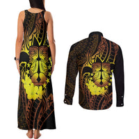 Kia Orana Kuki Airani Couples Matching Tank Maxi Dress and Long Sleeve Button Shirt Cook Islands Tangaroa God Tatau Gold LT14 - Polynesian Pride