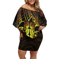 Kia Orana Kuki Airani Off Shoulder Short Dress Cook Islands Tangaroa God Tatau Gold LT14 Women Gold - Polynesian Pride