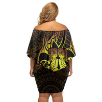Kia Orana Kuki Airani Off Shoulder Short Dress Cook Islands Tangaroa God Tatau Gold LT14 - Polynesian Pride