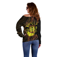 Kia Orana Kuki Airani Off Shoulder Sweater Cook Islands Tangaroa God Tatau Gold LT14 - Polynesian Pride
