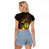 Kia Orana Kuki Airani Raglan Cropped T Shirt Cook Islands Tangaroa God Tatau Gold LT14 - Polynesian Pride
