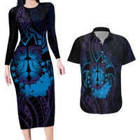 Kia Orana Kuki Airani Couples Matching Long Sleeve Bodycon Dress and Hawaiian Shirt Cook Islands Tangaroa God Tatau Purple LT14 Purple - Polynesian Pride