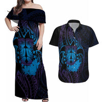 Kia Orana Kuki Airani Couples Matching Off Shoulder Maxi Dress and Hawaiian Shirt Cook Islands Tangaroa God Tatau Purple LT14 Purple - Polynesian Pride