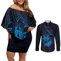 Kia Orana Kuki Airani Couples Matching Off Shoulder Short Dress and Long Sleeve Button Shirt Cook Islands Tangaroa God Tatau Purple LT14 Purple - Polynesian Pride