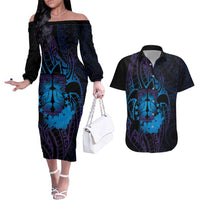 Kia Orana Kuki Airani Couples Matching Off The Shoulder Long Sleeve Dress and Hawaiian Shirt Cook Islands Tangaroa God Tatau Purple LT14 Purple - Polynesian Pride