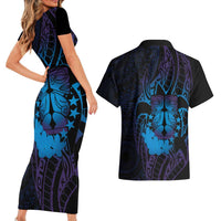 Kia Orana Kuki Airani Couples Matching Short Sleeve Bodycon Dress and Hawaiian Shirt Cook Islands Tangaroa God Tatau Purple LT14 - Polynesian Pride