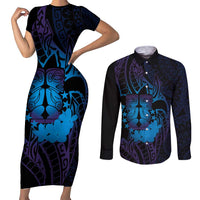 Kia Orana Kuki Airani Couples Matching Short Sleeve Bodycon Dress and Long Sleeve Button Shirt Cook Islands Tangaroa God Tatau Purple LT14 Purple - Polynesian Pride