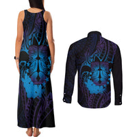 Kia Orana Kuki Airani Couples Matching Tank Maxi Dress and Long Sleeve Button Shirt Cook Islands Tangaroa God Tatau Purple LT14 - Polynesian Pride