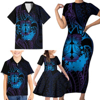 Kia Orana Kuki Airani Family Matching Short Sleeve Bodycon Dress and Hawaiian Shirt Cook Islands Tangaroa God Tatau Purple LT14 - Polynesian Pride