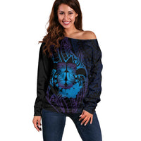 Kia Orana Kuki Airani Off Shoulder Sweater Cook Islands Tangaroa God Tatau Purple LT14 Women Purple - Polynesian Pride