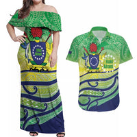 Te Maeva Nui Cook Islands Couples Matching Off Shoulder Maxi Dress and Hawaiian Shirt 60th Independence Anniversary Proud LT14 Green - Polynesian Pride