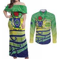 Te Maeva Nui Cook Islands Couples Matching Off Shoulder Maxi Dress and Long Sleeve Button Shirt 60th Independence Anniversary Proud LT14 Green - Polynesian Pride