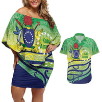 Te Maeva Nui Cook Islands Couples Matching Off Shoulder Short Dress and Hawaiian Shirt 60th Independence Anniversary Proud LT14 Green - Polynesian Pride