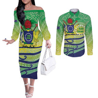 Te Maeva Nui Cook Islands Couples Matching Off The Shoulder Long Sleeve Dress and Long Sleeve Button Shirt 60th Independence Anniversary Proud LT14 Green - Polynesian Pride