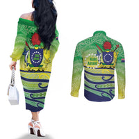 Te Maeva Nui Cook Islands Couples Matching Off The Shoulder Long Sleeve Dress and Long Sleeve Button Shirt 60th Independence Anniversary Proud LT14 - Polynesian Pride