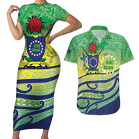Te Maeva Nui Cook Islands Couples Matching Short Sleeve Bodycon Dress and Hawaiian Shirt 60th Independence Anniversary Proud LT14 Green - Polynesian Pride