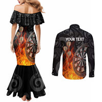 Personalised Aotearoa Darts Couples Matching Mermaid Dress and Long Sleeve Button Shirt Maori Koru Flaming Dartboard LT14 - Polynesian Pride