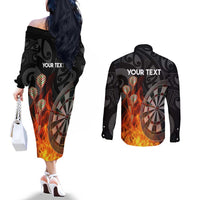 Personalised Aotearoa Darts Couples Matching Off The Shoulder Long Sleeve Dress and Long Sleeve Button Shirt Maori Koru Flaming Dartboard LT14 - Polynesian Pride