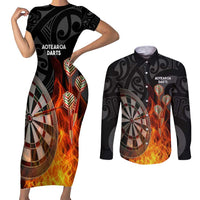 Personalised Aotearoa Darts Couples Matching Short Sleeve Bodycon Dress and Long Sleeve Button Shirt Maori Koru Flaming Dartboard LT14 Black - Polynesian Pride