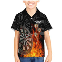 Personalised Aotearoa Darts Family Matching Mermaid Dress and Hawaiian Shirt Maori Koru Flaming Dartboard LT14 Son's Shirt Black - Polynesian Pride