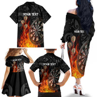 Personalised Aotearoa Darts Family Matching Off The Shoulder Long Sleeve Dress and Hawaiian Shirt Maori Koru Flaming Dartboard LT14 - Polynesian Pride