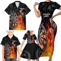 Personalised Aotearoa Darts Family Matching Short Sleeve Bodycon Dress and Hawaiian Shirt Maori Koru Flaming Dartboard LT14 - Polynesian Pride