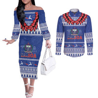 Personalised Toa Samoa Rugby Christmas Couples Matching Off The Shoulder Long Sleeve Dress and Long Sleeve Button Shirt Ula Fala Samoan Pattern Blue LT14 Blue - Polynesian Pride