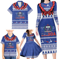 Personalised Toa Samoa Rugby Christmas Family Matching Long Sleeve Bodycon Dress and Hawaiian Shirt Ula Fala Samoan Pattern Blue LT14 - Polynesian Pride