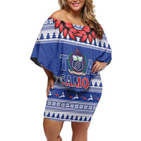 Personalised Toa Samoa Rugby Christmas Family Matching Off Shoulder Short Dress and Hawaiian Shirt Ula Fala Samoan Pattern Blue LT14 Mom's Dress Blue - Polynesian Pride