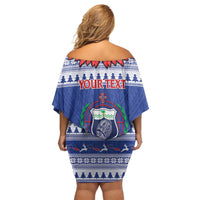Personalised Toa Samoa Rugby Christmas Family Matching Off Shoulder Short Dress and Hawaiian Shirt Ula Fala Samoan Pattern Blue LT14 - Polynesian Pride