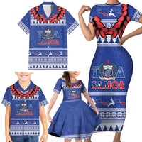 Personalised Toa Samoa Rugby Christmas Family Matching Short Sleeve Bodycon Dress and Hawaiian Shirt Ula Fala Samoan Pattern Blue LT14 - Polynesian Pride