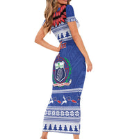 Personalised Toa Samoa Rugby Christmas Family Matching Short Sleeve Bodycon Dress and Hawaiian Shirt Ula Fala Samoan Pattern Blue LT14 - Polynesian Pride
