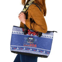 Toa Samoa Rugby Christmas Leather Tote Bag Ula Fala Samoan Pattern Blue - Polynesian Pride