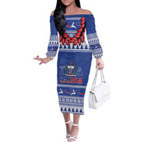 Personalised Toa Samoa Rugby Christmas Off The Shoulder Long Sleeve Dress Ula Fala Samoan Pattern Blue - Polynesian Pride