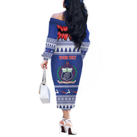 Personalised Toa Samoa Rugby Christmas Off The Shoulder Long Sleeve Dress Ula Fala Samoan Pattern Blue - Polynesian Pride