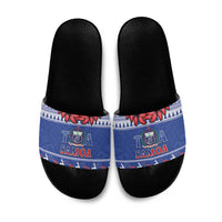 Toa Samoa Rugby Christmas Slide Sandals Ula Fala Samoan Pattern Blue - Polynesian Pride