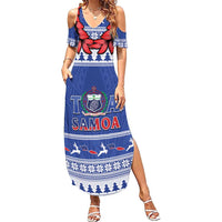 Personalised Toa Samoa Rugby Christmas Summer Maxi Dress Ula Fala Samoan Pattern Blue - Polynesian Pride
