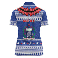 Personalised Toa Samoa Rugby Christmas Women Polo Shirt Ula Fala Samoan Pattern Blue - Polynesian Pride