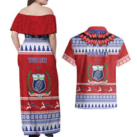 Personalised Toa Samoa Rugby Christmas Couples Matching Off Shoulder Maxi Dress and Hawaiian Shirt Ula Fala Samoan Pattern Red - Polynesian Pride