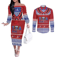 Personalised Toa Samoa Rugby Christmas Couples Matching Off The Shoulder Long Sleeve Dress and Long Sleeve Button Shirt Ula Fala Samoan Pattern Red LT14 Red - Polynesian Pride