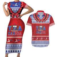 Personalised Toa Samoa Rugby Christmas Couples Matching Short Sleeve Bodycon Dress and Hawaiian Shirt Ula Fala Samoan Pattern Red LT14 Red - Polynesian Pride