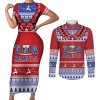 Personalised Toa Samoa Rugby Christmas Couples Matching Short Sleeve Bodycon Dress and Long Sleeve Button Shirt Ula Fala Samoan Pattern Red - Polynesian Pride